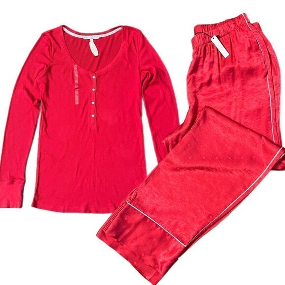 Victorias Secret Silky Satin thick pants & soft Ribbed top pajama set red - Picture 4 of 6